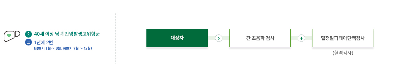 40세이상 남녀 간암발생고위험군 1년에 2번  상반기 1월 ~ 6월  하반기 7월 ~ 12월 - 간 초음파 검사와 혈청알파태아단백검사(혈액검사) / 대상자는 간초음파검사와 함께 혈청아파태아단백검사를 받습니다.